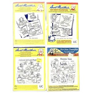 Aunt Martha's Embroidery Iron On Transfer Patterns Tea Towels Set of 4